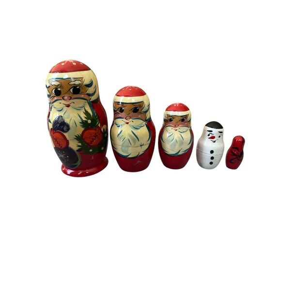 Vintage Russian Nesting Doll Christmas Wooden Santa Snowman 5 Pieces - Picture 7 of 7